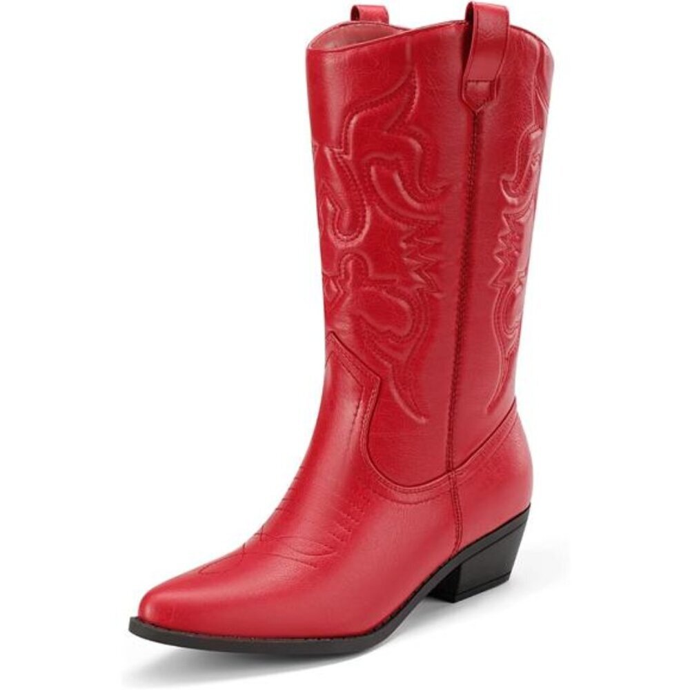 NWT Women's Mid-Calf Cowboy Cowgirl Boots Buckle Accents Red Leather Round Toe
